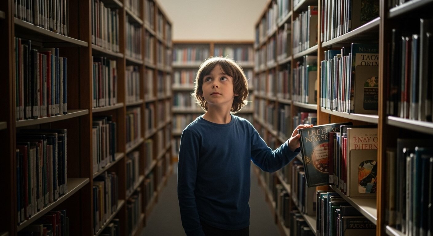 Em bé yên lặng chọn sách từ kệ thư viện cộng đồng, khung cảnh bình yên lý tưởng giúp con học giỏi và khám phá tri thức. Em bé yên lặng chọn sách từ kệ thư viện cộng đồng, khung cảnh bình yên lý tưởng giúp con học giỏi và khám phá tri thức.