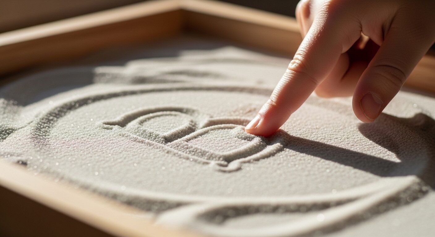 Cận cảnh ngón tay một em bé đang vạch chữ 'B' trên lớp cát mịn trong khay gỗ, minh họa cách dạy con học chữ chuẩn bị vào lớp 1 hiệu quả.