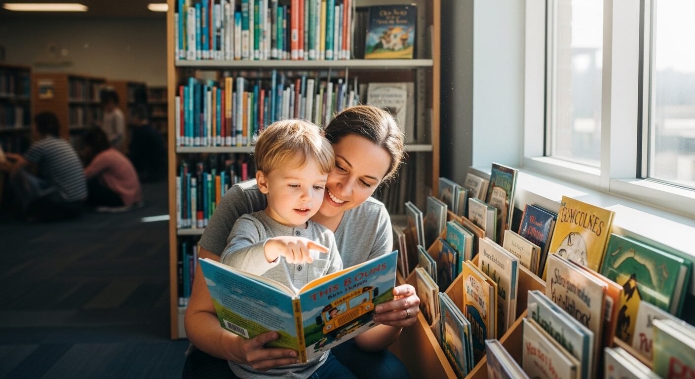 Cha mẹ và bé vui vẻ đọc sách trong thư viện, bé hào hứng chỉ vào sách xe buýt trường học, gợi mở cách làm sao để bé không sợ đi học.