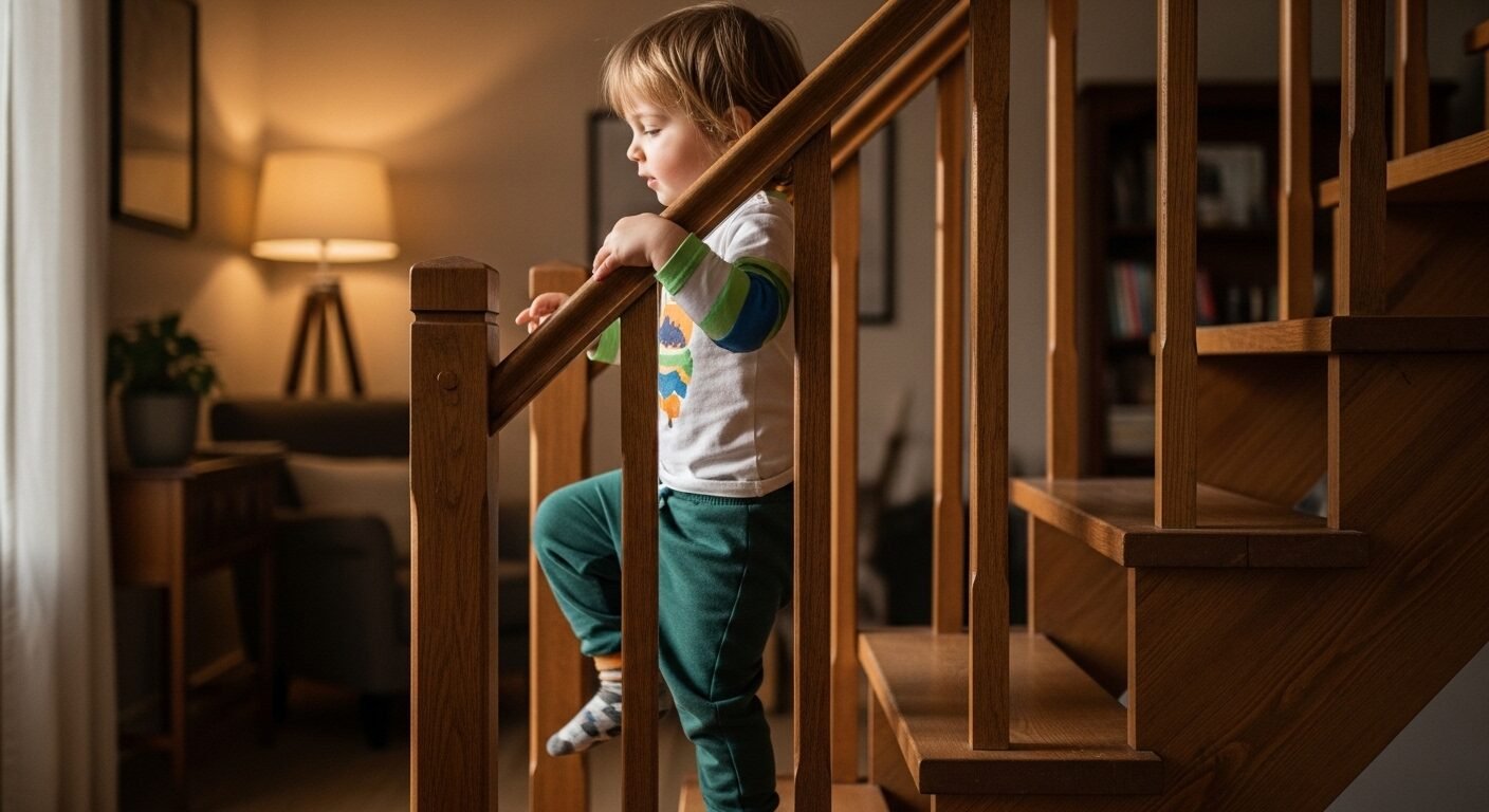 Ảnh chụp bé 3 tuổi tự tin vịn tay vịn leo cầu thang gỗ trong phòng khách ấm cúng, gợi nhắc về tầm quan trọng của cách dạy trẻ 3 tuổi không nghe lời để con học tính tự lập và an toàn. Ảnh chụp bé 3 tuổi tự tin vịn tay vịn leo cầu thang gỗ trong phòng khách ấm cúng, gợi nhắc về tầm quan trọng của cách dạy trẻ 3 tuổi không nghe lời để con học tính tự lập và an toàn.