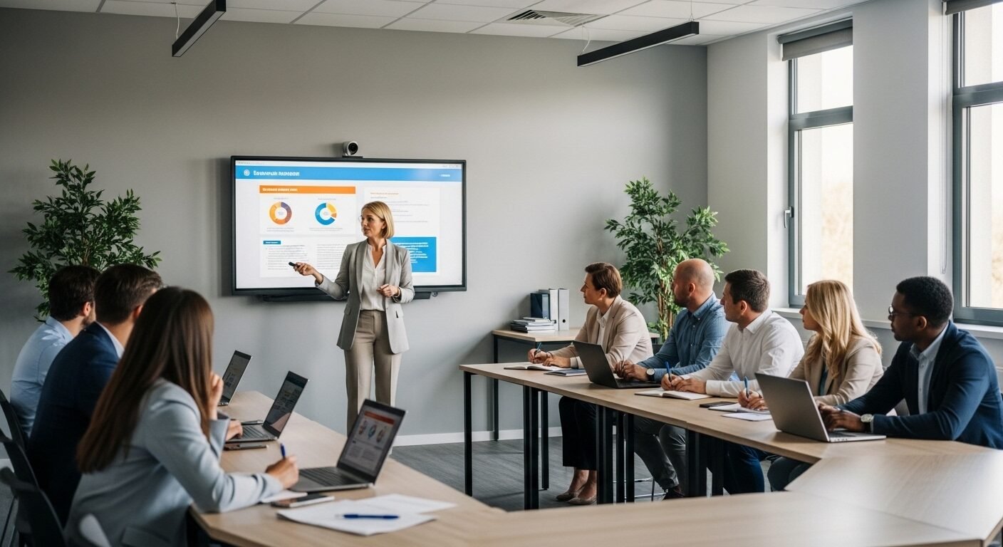 Giảng viên đào tạo chuyên nghiệp trong phòng học hiện đại, thể hiện cam kết phát triển nhân sự của tuyển dụng GPO, với học viên tương tác sôi nổi. Giảng viên đào tạo chuyên nghiệp trong phòng học hiện đại, thể hiện cam kết phát triển nhân sự của tuyển dụng GPO, với học viên tương tác sôi nổi.