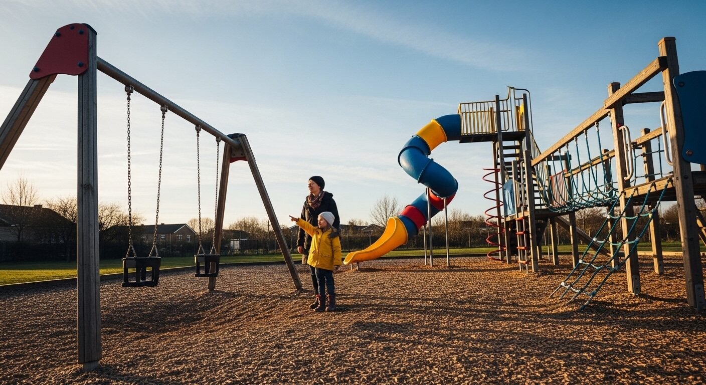 Cha mẹ và bé vui vẻ khám phá sân chơi trường học với cầu trượt đầy màu sắc, xích đu dưới nắng chiều dịu, giúp bé làm quen và làm sao để bé không sợ đi học. Cha mẹ và bé vui vẻ khám phá sân chơi trường học với cầu trượt đầy màu sắc, xích đu dưới nắng chiều dịu, giúp bé làm quen và làm sao để bé không sợ đi học.