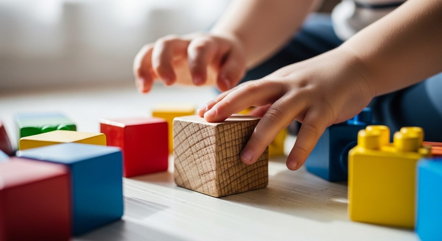 Cận cảnh bàn tay nhỏ của bé 2 tuổi nhẹ nhàng chạm khối gỗ có vân, xung quanh là đồ chơi xếp hình rực rỡ trên thảm chơi. Hình ảnh này thể hiện sự khám phá và học hỏi qua trò chơi, gợi mở về cách dạy trẻ 2 tuổi biết nghe lời thông qua các hoạt động tương tác.