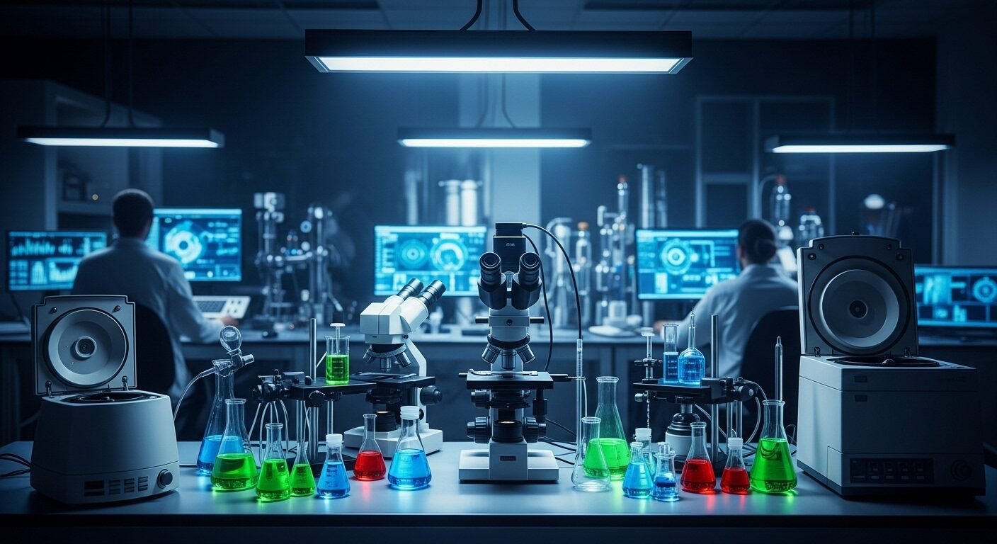 Phòng thí nghiệm công nghệ cao với kính hiển vi, thiết bị khoa học hiện đại và dung dịch màu sắc rực rỡ, minh họa môi trường làm việc tiềm năng trong các ngành học lương cao.