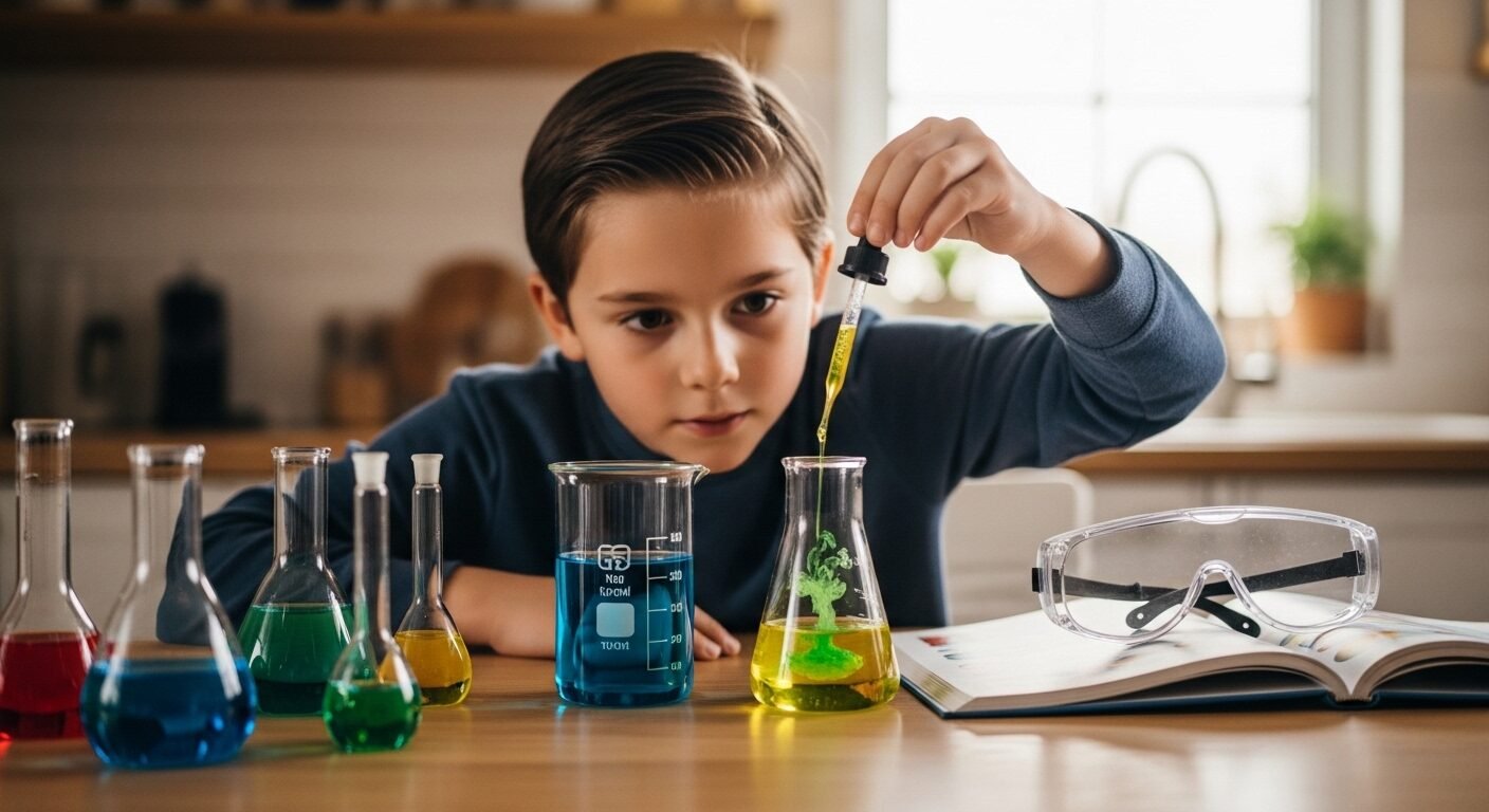 Trẻ em chăm chú làm thí nghiệm khoa học với beakers và chất lỏng màu trên bàn bếp. Hình ảnh minh họa cách dạy con học giỏi bằng thực hành và khám phá. Trẻ em chăm chú làm thí nghiệm khoa học với beakers và chất lỏng màu trên bàn bếp. Hình ảnh minh họa cách dạy con học giỏi bằng thực hành và khám phá.