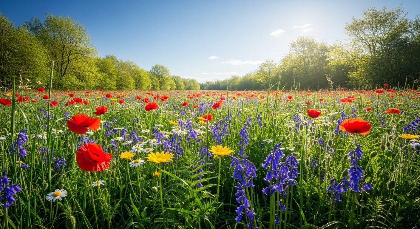 Đồng cỏ mùa xuân bao la, rực rỡ sắc hoa anh túc, cúc, chuông xanh dưới nắng dịu. Các thành phần biệt lập như từng loài hoa và tán lá xanh mướt hòa quyện tạo nên bức tranh thiên nhiên tuyệt đẹp trong tiếng Việt.