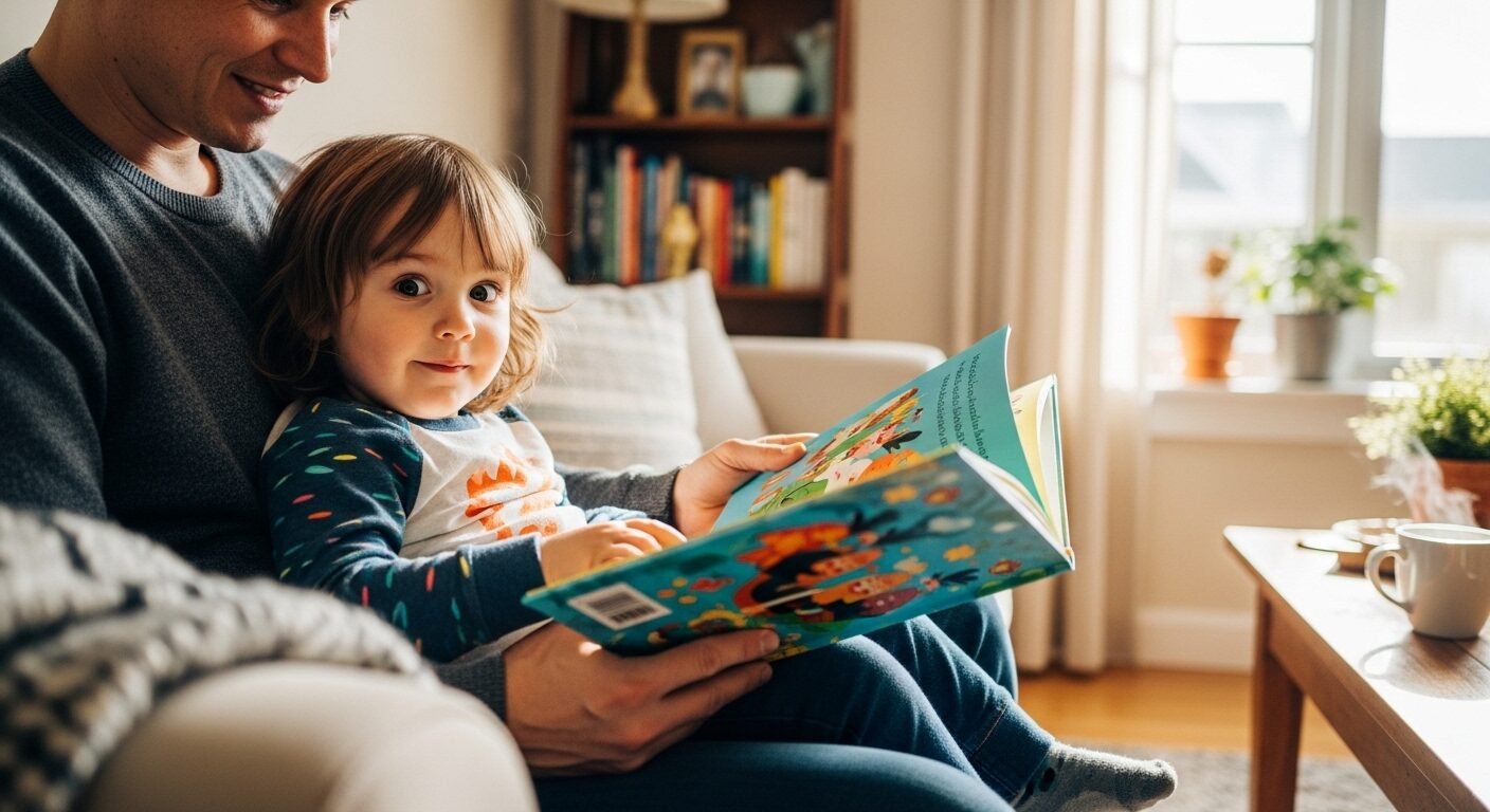 Người lớn mỉm cười đọc sách truyện tranh minh họa đầy màu sắc cho bé trên ghế sofa ấm cúng, ánh sáng tự nhiên chiếu vào. Đây là phương pháp hiệu quả trong cách dạy trẻ lớp 1 đánh vần, khuyến khích tương tác và đọc hiểu sớm.