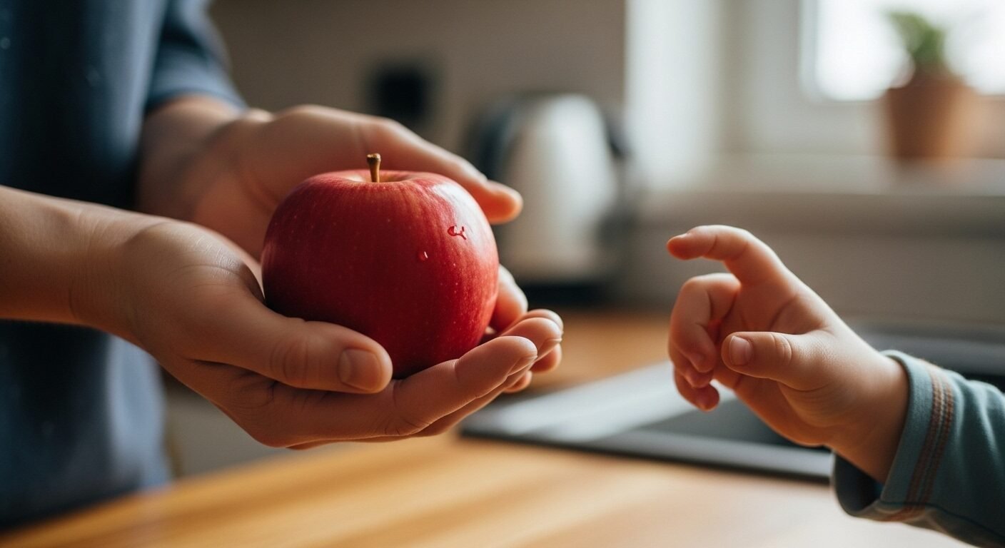 Bàn tay người lớn nhẹ nhàng cầm quả táo đỏ, bàn tay nhỏ của trẻ vươn tới – hình ảnh ấm áp minh họa cách dạy trẻ học tiếng Anh qua đồ vật và tương tác tự nhiên tại nhà.