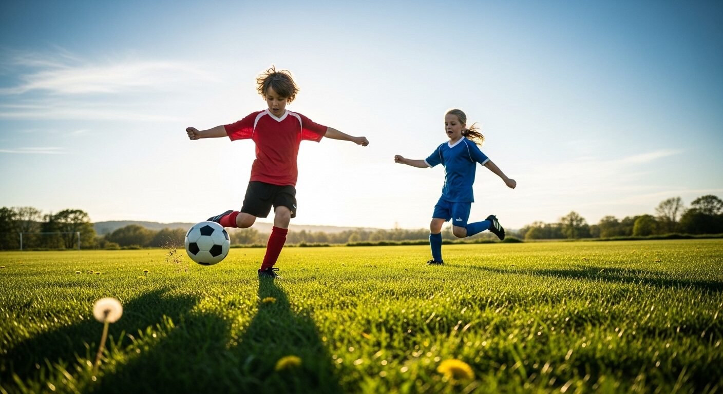 Hai đứa trẻ đang năng động chơi bóng đá trên sân cỏ xanh dưới trời nắng. Một bé đang sút bóng, bé kia đang chạy chặn, thể hiện rõ các hành động đang diễn ra, minh họa thì hiện tại tiếp diễn.