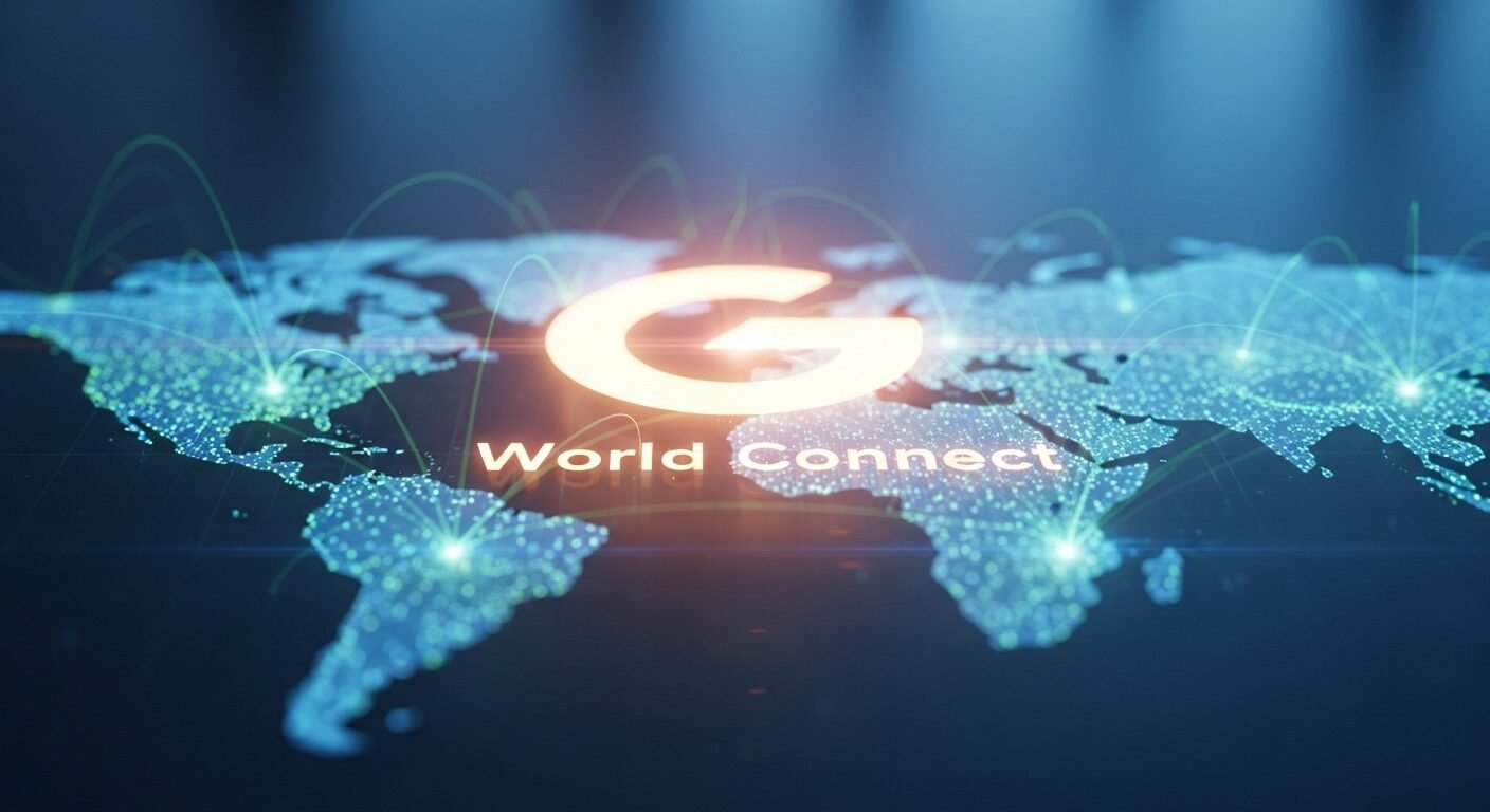 Logo thương hiệu rực rỡ trên bản đồ thế giới kỹ thuật số với các đường kết nối toàn cầu, minh họa tầm ảnh hưởng và chiến lược mở rộng do Giám đốc thương hiệu triển khai.