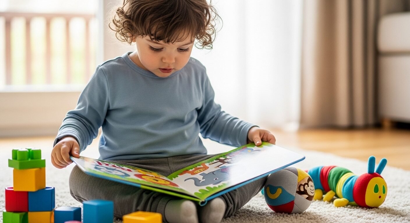 Bé 1-3 tuổi chăm chú xem sách tranh và đồ chơi giáo dục dưới ánh sáng tự nhiên, minh họa cách giúp con ham học 1-3 tuổi hiệu quả.