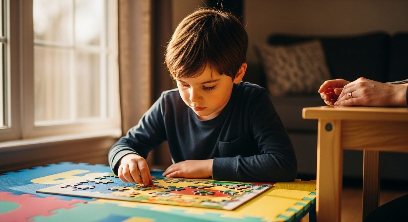 Bé 7-8 tuổi tập trung cao độ ghép hình puzzle trên thảm màu, nhíu mày dưới nắng ấm. Tay phụ huynh đặt gần, thể hiện quan điểm không nên nhường con để bé tự rèn luyện và phát triển kỹ năng.