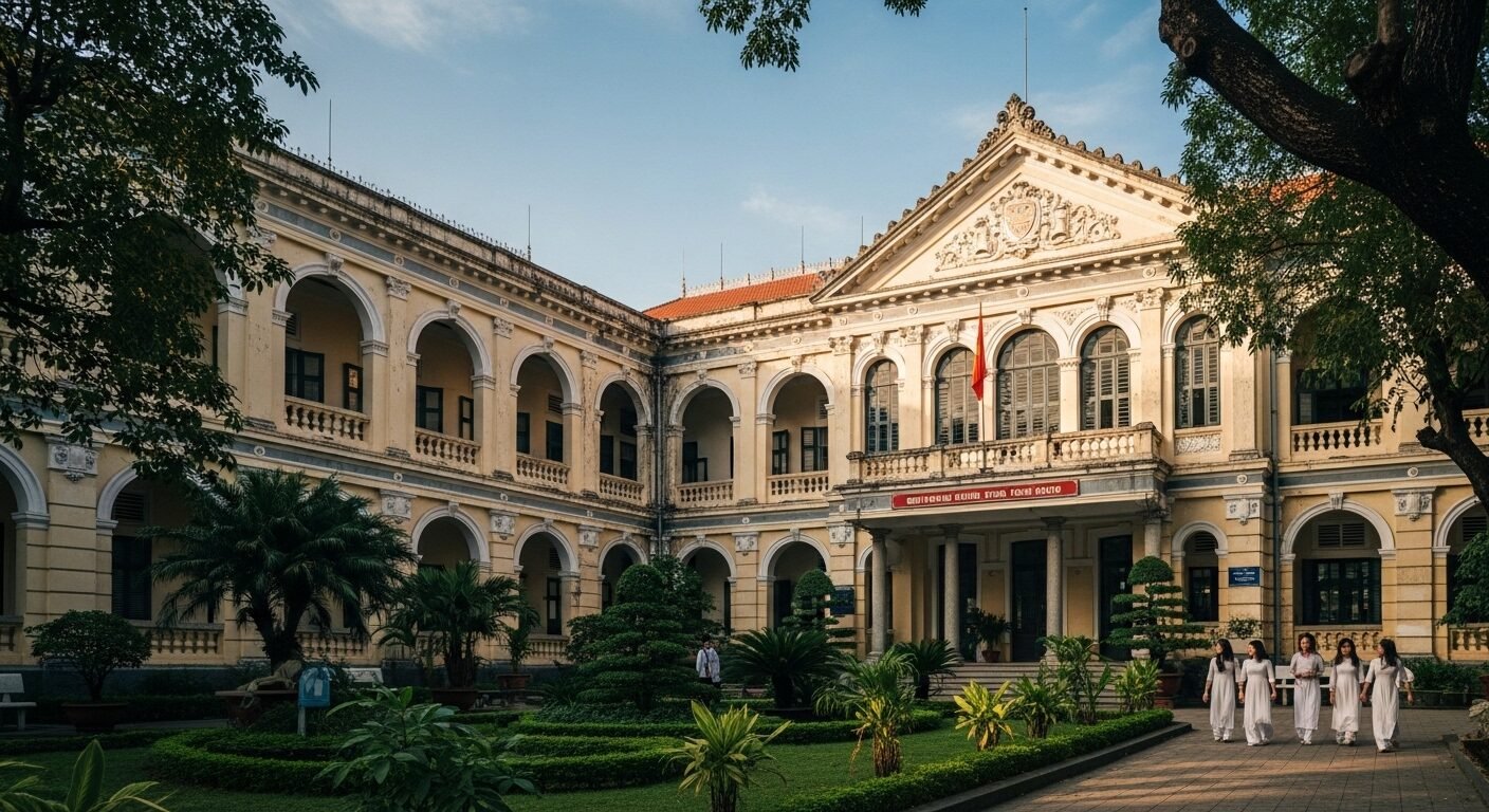 Mặt tiền trường học kiến trúc Pháp cổ kính tại Việt Nam, với cửa vòm và đá phong hóa, gợi nhớ bối cảnh lịch sử gắn liền với tiểu sử Đại tướng Võ Nguyên Giáp.