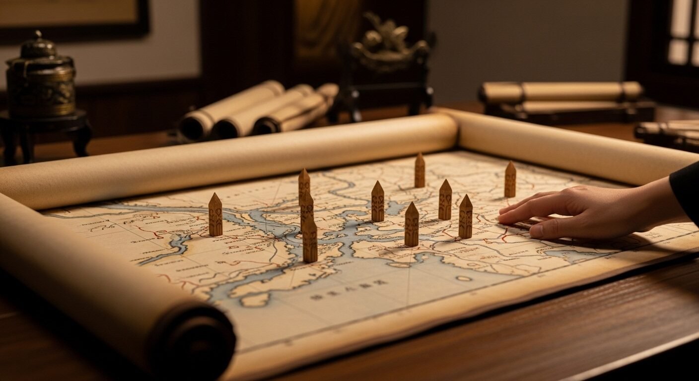 Bản đồ cổ chi tiết châu thổ sông với các vị trí chiến lược, đang được một bàn tay nghiên cứu trong thư phòng lịch sử. Hình ảnh gợi nhớ về những kế hoạch quân sự quan trọng thời nhà Trần.