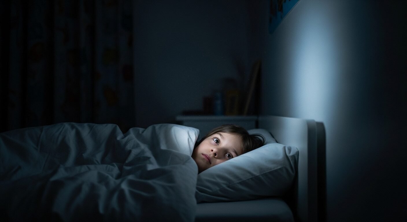 Em bé trằn trọc trên giường vào ban đêm, ánh sáng xanh mờ từ thiết bị điện tử phản chiếu trên tường, cảnh báo về tác hại ánh sáng xanh cho trẻ.