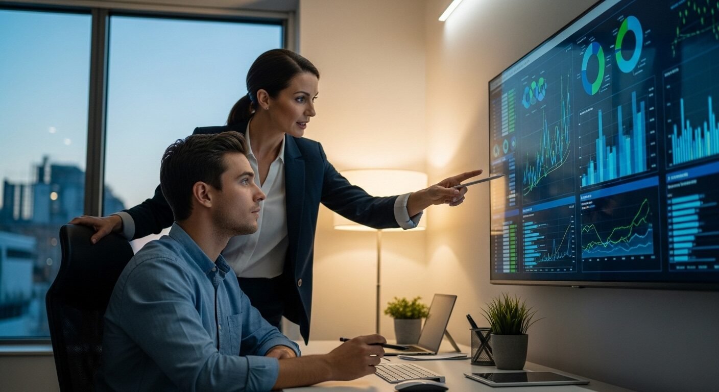 Một mentor hướng dẫn thực tập sinh trẻ thảo luận dữ liệu trên màn hình lớn trong văn phòng hiện đại. Hình ảnh minh họa quá trình đào tạo và chia sẻ kiến thức hiệu quả sau tuyển dụng thực tập sinh.