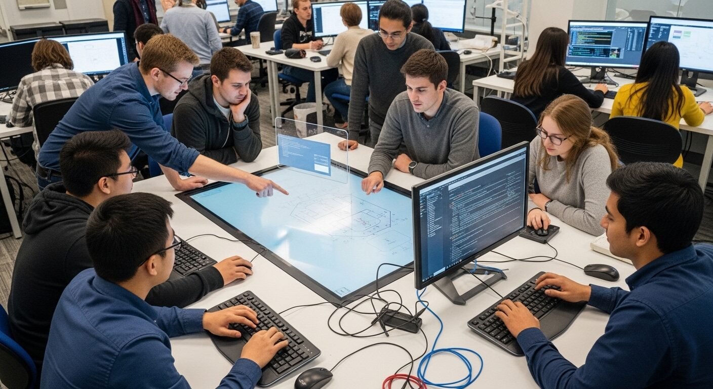 Phòng thí nghiệm đại học hiện đại, sinh viên và nhà nghiên cứu đang tích cực làm việc với công nghệ robot và máy tính tiên tiến, rèn luyện kỹ năng quan trọng cho việc làm sau tốt nghiệp.