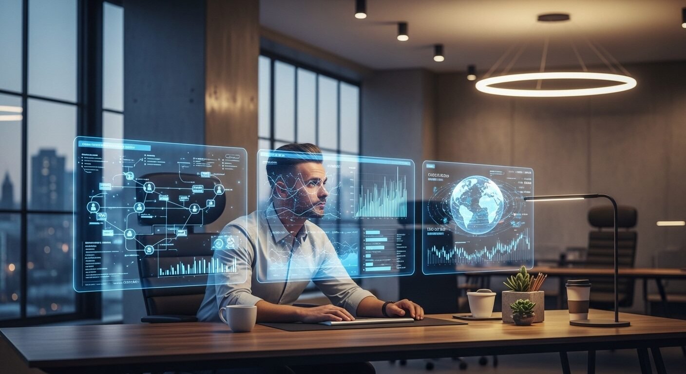 Chuyên gia tại bàn làm việc hiện đại đang phân tích dữ liệu, lộ trình sự nghiệp và xu hướng thị trường trên màn hình kỹ thuật số, định hướng việc chọn nghề gì cho tương lai.