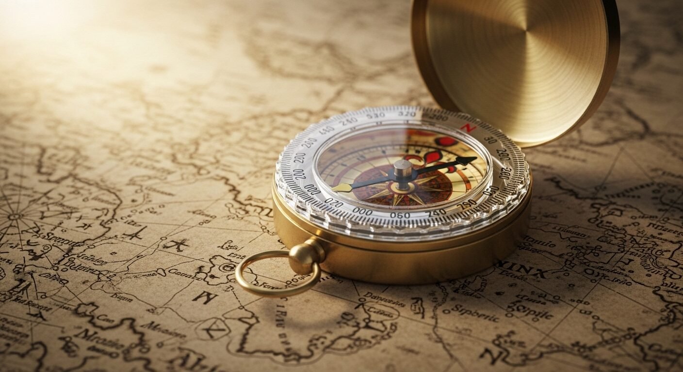 La bàn đồng cổ trên bản đồ giấy da cũ, ánh sáng ấm áp tượng trưng cho định hướng tương lai và các dịch vụ tư vấn hướng nghiệp chuyên nghiệp.