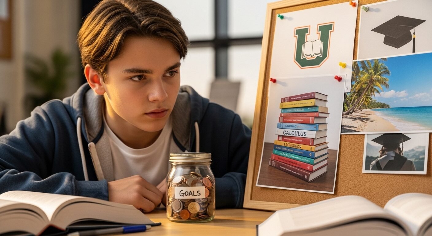 Học sinh THPT đang lập kế hoạch Quản lý tài chính cá nhân, xem xét các mục tiêu (đại học, du lịch) trên bảng ghim và hũ tiền tiết kiệm.