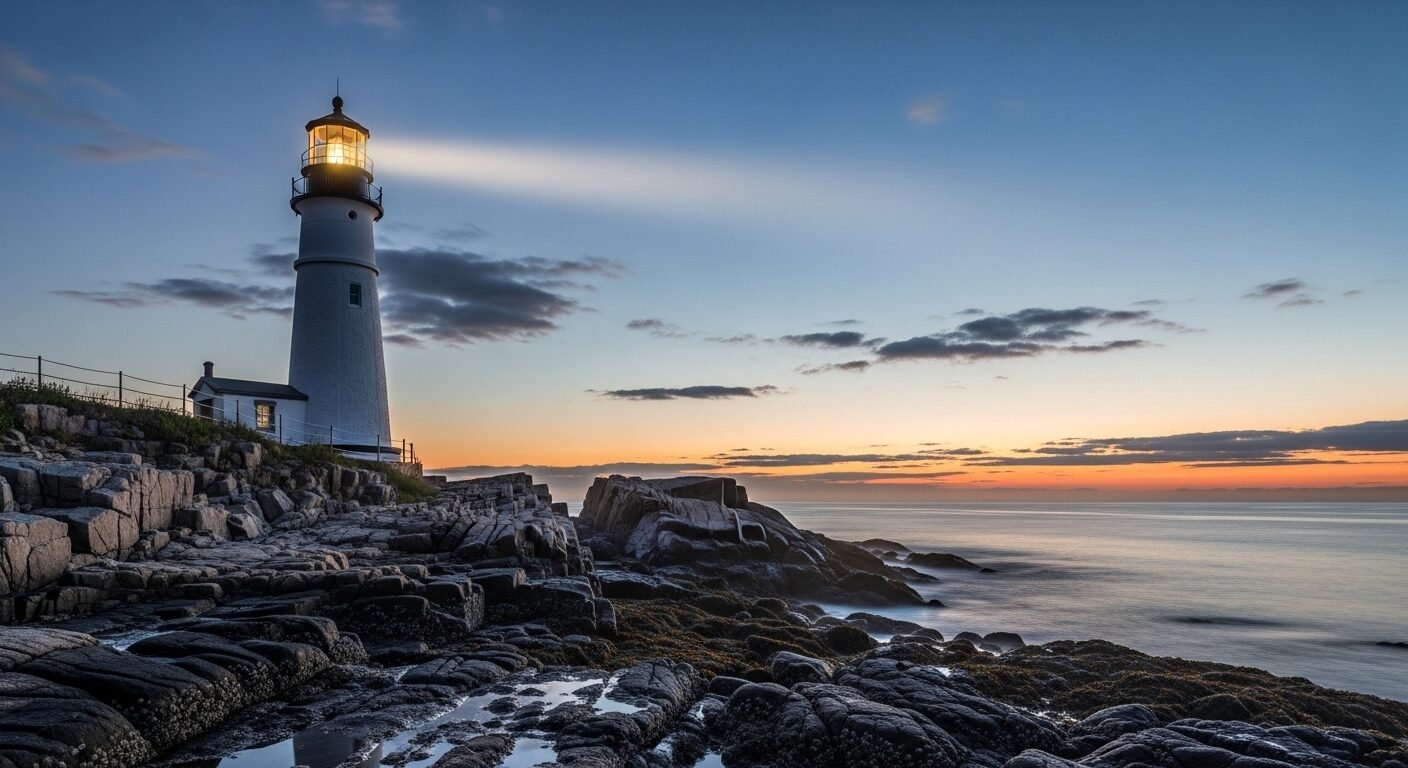 Hải đăng trắng cao sừng sững trên bờ biển đá, ánh sáng dẫn lối xuyên sương mù lúc bình minh, biểu tượng cho định hướng rõ ràng và cơ hội việc làm mới. Hải đăng trắng cao sừng sững trên bờ biển đá, ánh sáng dẫn lối xuyên sương mù lúc bình minh, biểu tượng cho định hướng rõ ràng và cơ hội việc làm mới.