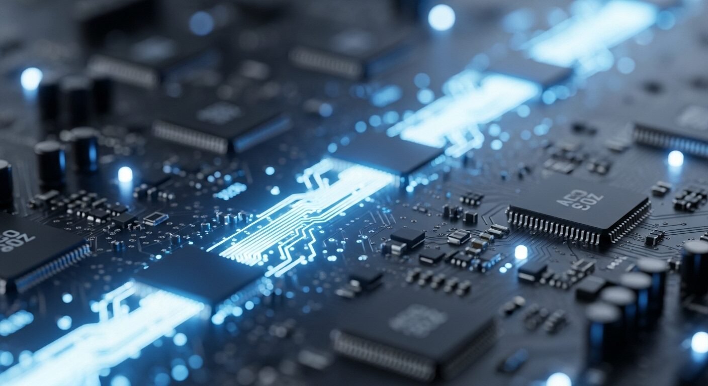 Ảnh macro bảng mạch điện tử tiên tiến phát sáng xanh, minh chứng cho độ chính xác và tầm nhìn của các chuyên gia công nghệ. Ảnh macro bảng mạch điện tử tiên tiến phát sáng xanh, minh chứng cho độ chính xác và tầm nhìn của các chuyên gia công nghệ.