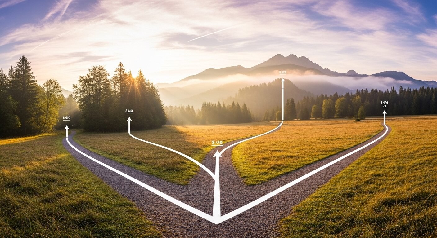 Bức ảnh phong cảnh thiên nhiên thanh bình với các con đường phân nhánh rõ rệt, tượng trưng cho nhiều lựa chọn Hướng nghiệp khác nhau dưới bầu trời tươi sáng.