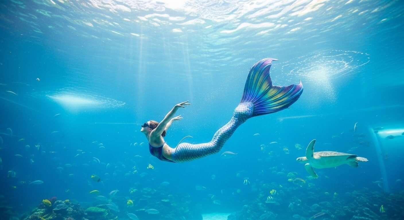 Vận động viên chuyên nghiệp trong đuôi óng ánh biểu diễn duyên dáng dưới nước hồ cá lớn, ánh sáng lọc lung linh và sinh vật biển.