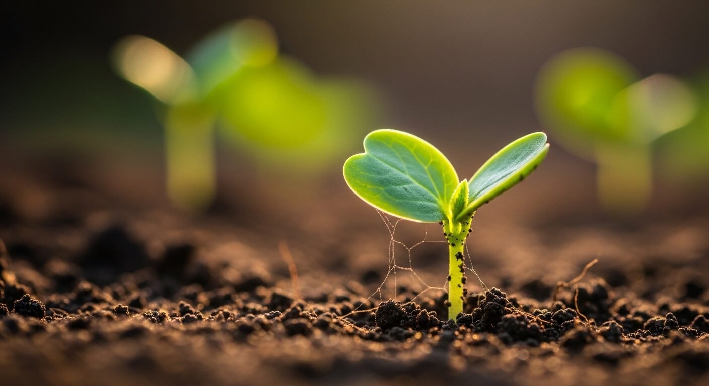 Mầm xanh bé nhỏ vươn lên từ đất màu mỡ đón nắng dịu nhẹ, tượng trưng cho khởi đầu và tiềm năng khi chọn ngành học định hướng tương lai.