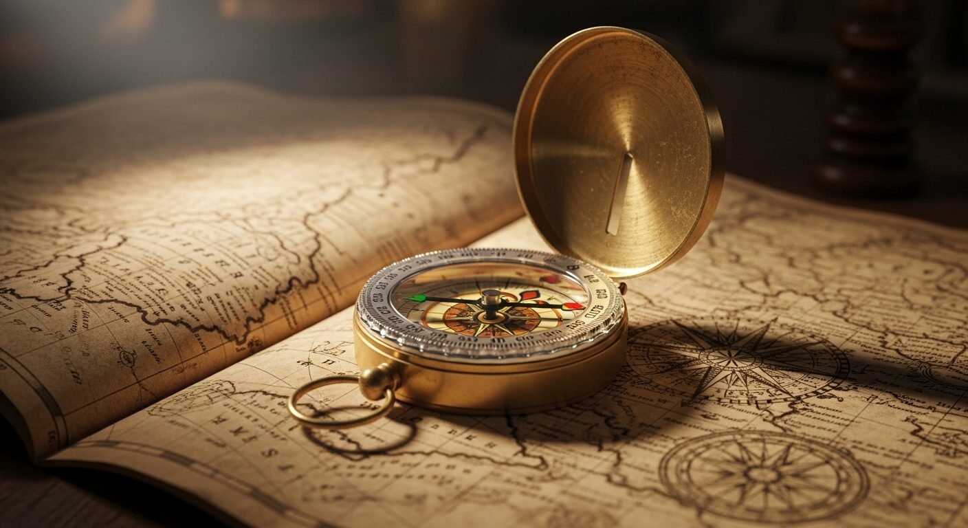 La bàn đồng vintage trên bản đồ giấy da cổ, kim chỉ hướng rõ ràng. Tượng trưng cho việc định hình hướng nghiệp và tìm con đường phía trước. La bàn đồng vintage trên bản đồ giấy da cổ, kim chỉ hướng rõ ràng. Tượng trưng cho việc định hình hướng nghiệp và tìm con đường phía trước.