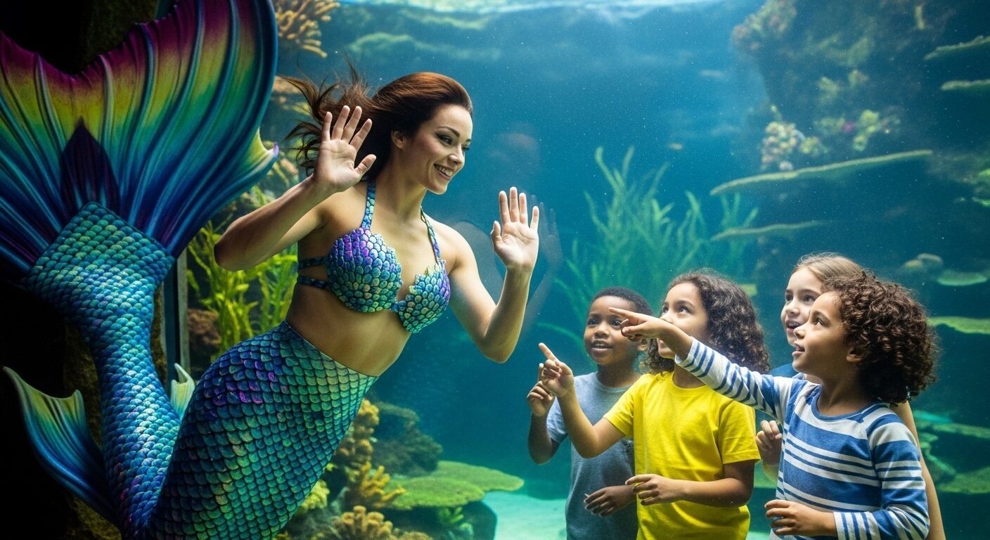 Nghệ sĩ biểu diễn nghề nàng tiên cá áp tay lên kính bể cá, mỉm cười thân thiện với trẻ em. Nghệ sĩ biểu diễn nghề nàng tiên cá áp tay lên kính bể cá, mỉm cười thân thiện với trẻ em.