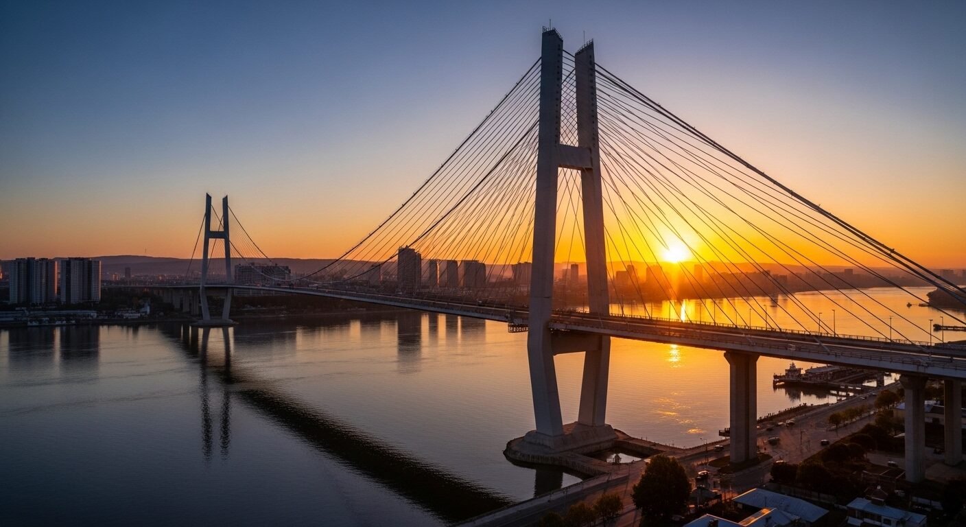 Cầu treo hiện đại rực rỡ bình minh, nối liền hai thành phố, mở ra những chân trời mới. Biểu tượng của sự kết nối mạnh mẽ, như cách một Headhunter kết nối nhân tài với cơ hội phát triển.