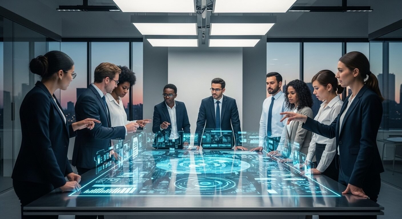 Các chuyên gia hiệp hội thảo luận dữ liệu và chiến lược tại bàn holographic trong văn phòng hiện đại.