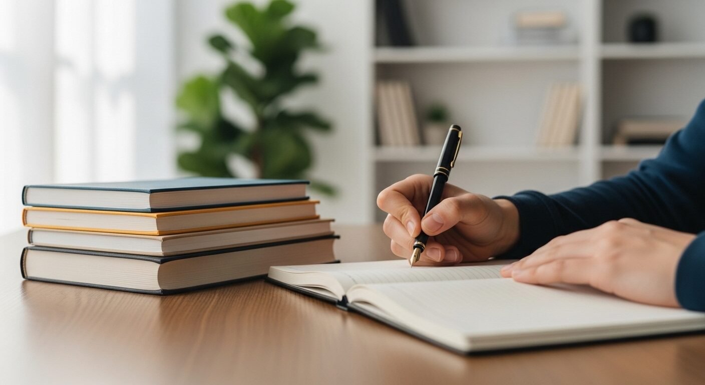 Sinh viên chăm chỉ ghi chép, sách vở ngăn nắp trên bàn học hiện đại. Môi trường học tập lý tưởng cho việc đạt Học bổng.