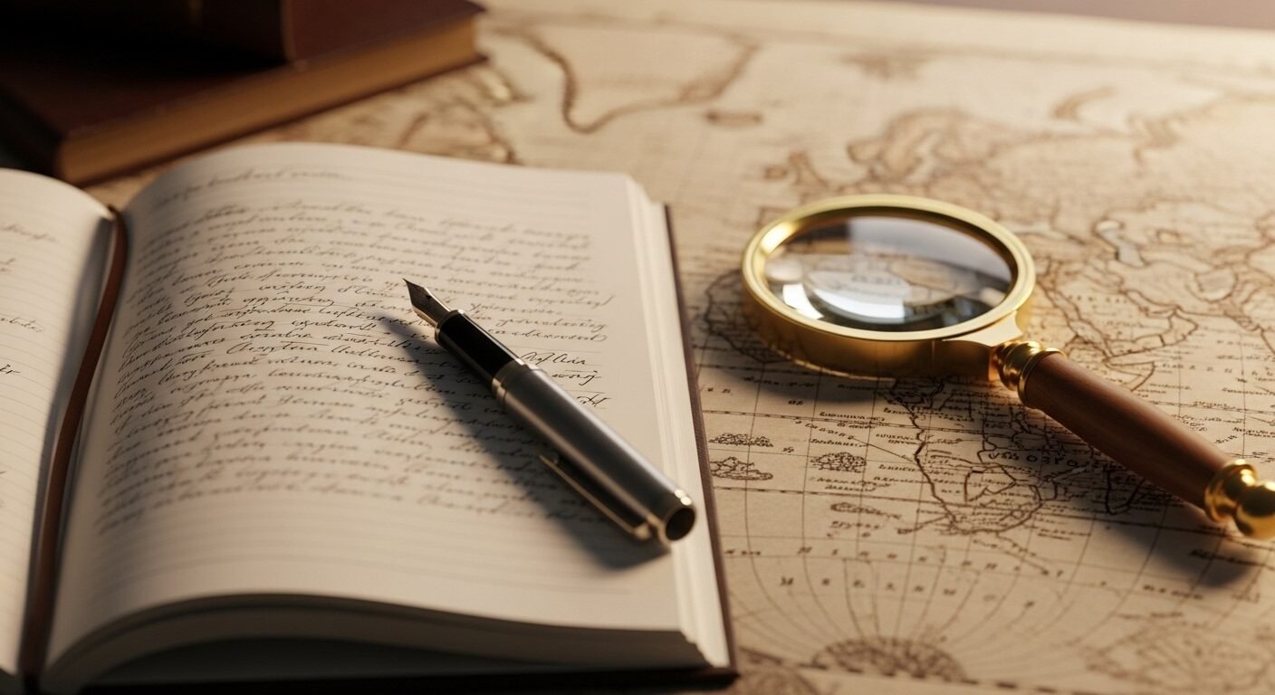 Góc làm việc ấm cúng với sổ ghi chép, bút và kính lúp đặt trên bản đồ thế giới, thể hiện quá trình định hướng nghề nghiệp và lập kế hoạch tương lai.
