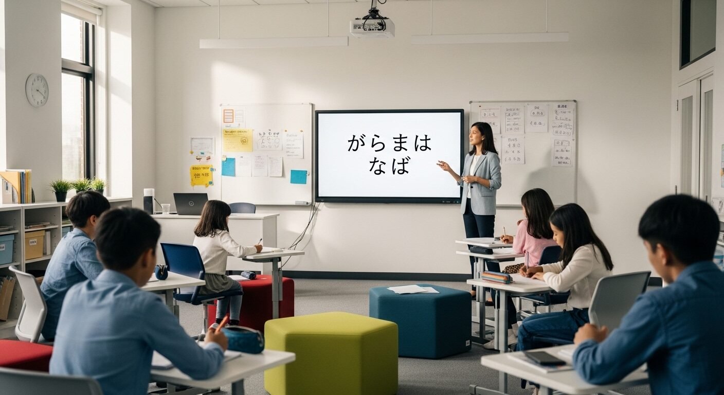 Lớp học tiếng Nhật hiện đại với bảng tương tác kỹ thuật số, nơi giáo viên và học sinh cùng nhau xây dựng kiến thức, vững bước trên con đường hướng nghiệp.