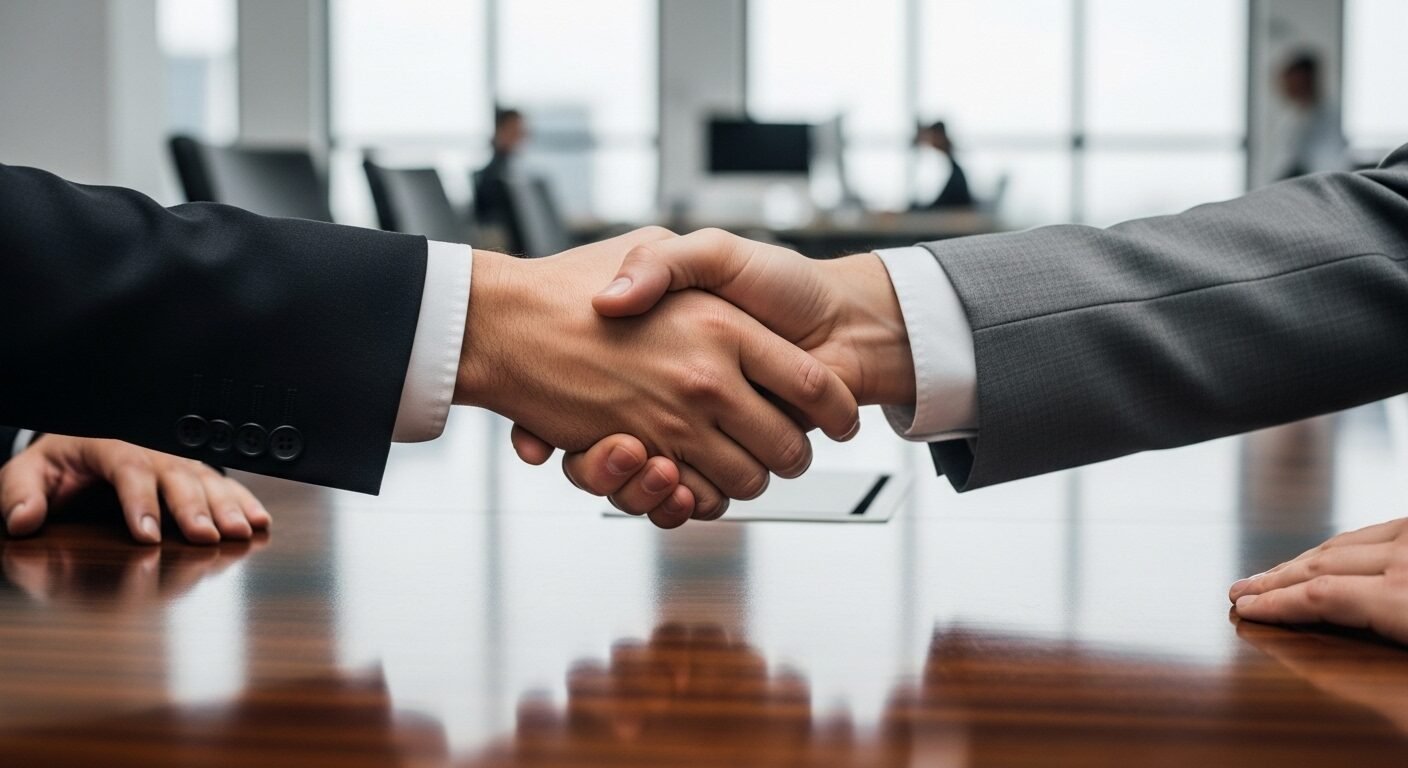 Cận cảnh hai bàn tay chuyên nghiệp bắt tay trên bàn họp sáng trong văn phòng hiện đại, thể hiện thành công trong hợp tác hoặc quá trình tuyển dụng nhân sự.