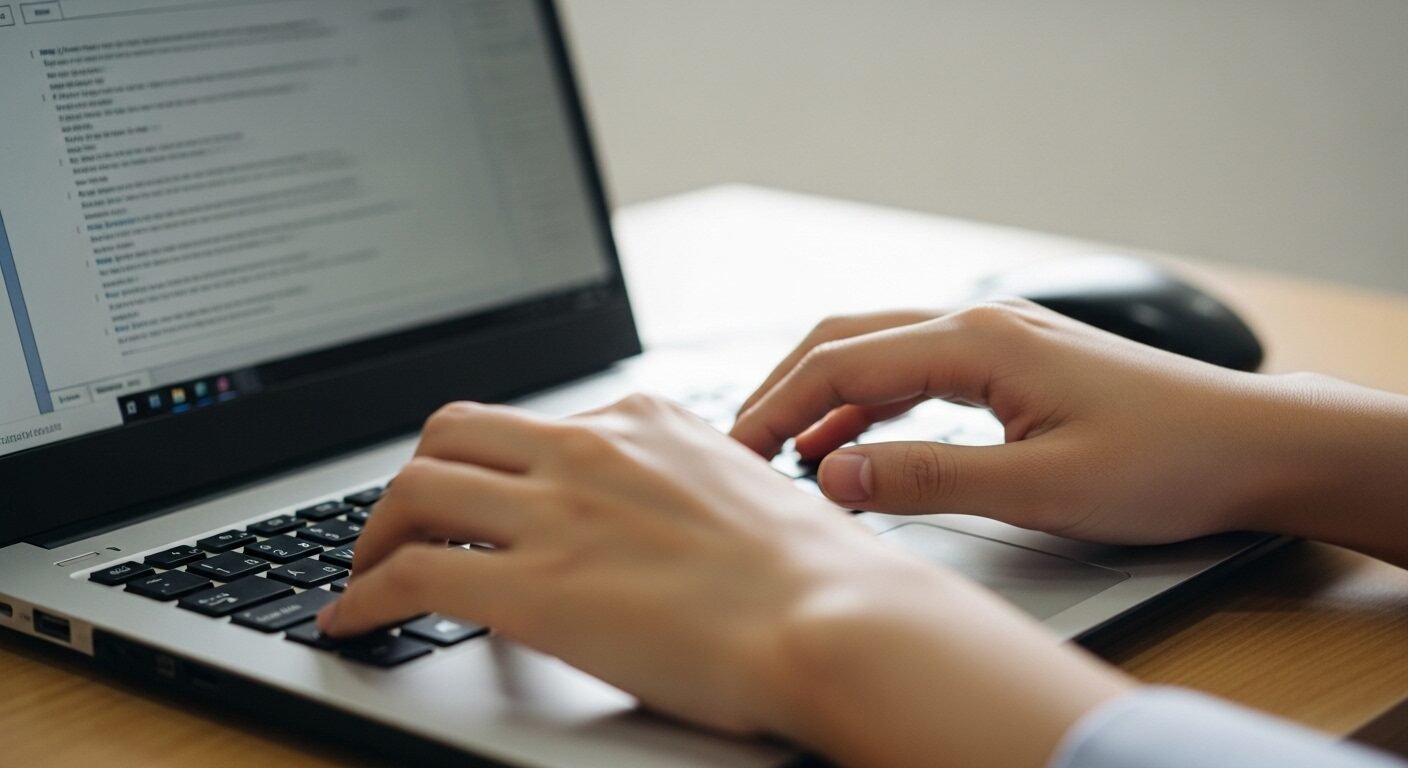 Cận cảnh tay một Học sinh Việt vô địch Tin học văn phòng thế giới đang gõ phím laptop điêu luyện trên giao diện Microsoft Word, thể hiện sự tập trung cao độ và kỹ năng vượt trội.