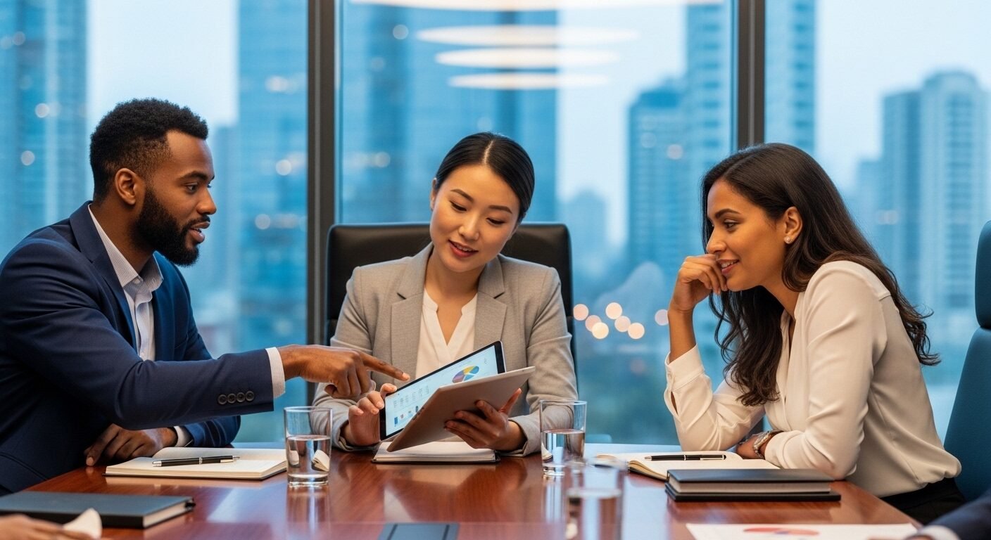 Ba chuyên gia họp bàn về tuyển dụng GPO, xem tài liệu trên máy tính bảng trong phòng họp hiện đại với view thành phố. Ba chuyên gia họp bàn về tuyển dụng GPO, xem tài liệu trên máy tính bảng trong phòng họp hiện đại với view thành phố.