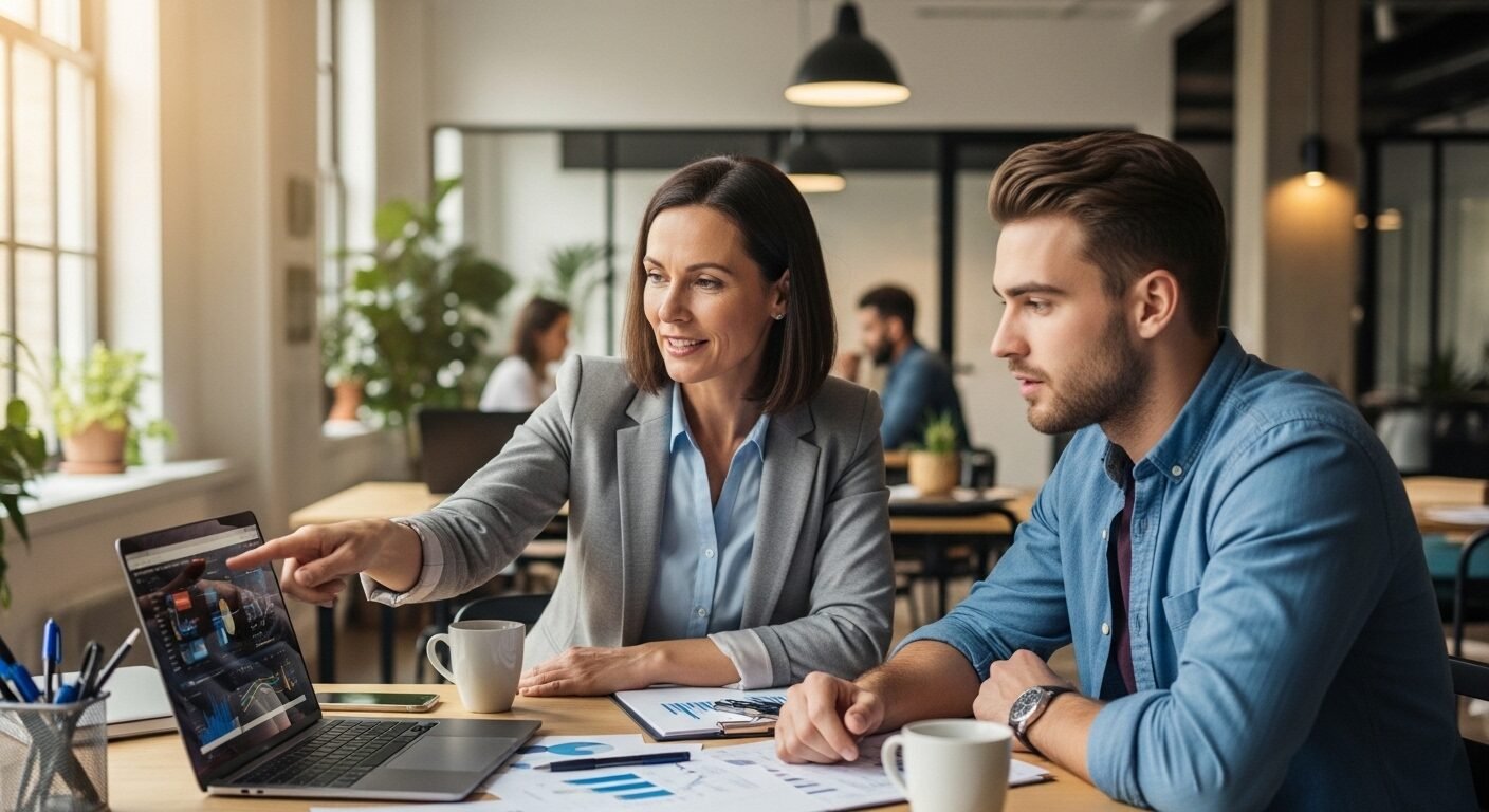 Chuyên gia đang hướng dẫn thực tập sinh trẻ tại bàn làm việc trong văn phòng hiện đại, cả hai cùng xem laptop. Hình ảnh minh họa chương trình đào tạo sau quá trình tuyển dụng thực tập sinh. Chuyên gia đang hướng dẫn thực tập sinh trẻ tại bàn làm việc trong văn phòng hiện đại, cả hai cùng xem laptop. Hình ảnh minh họa chương trình đào tạo sau quá trình tuyển dụng thực tập sinh.