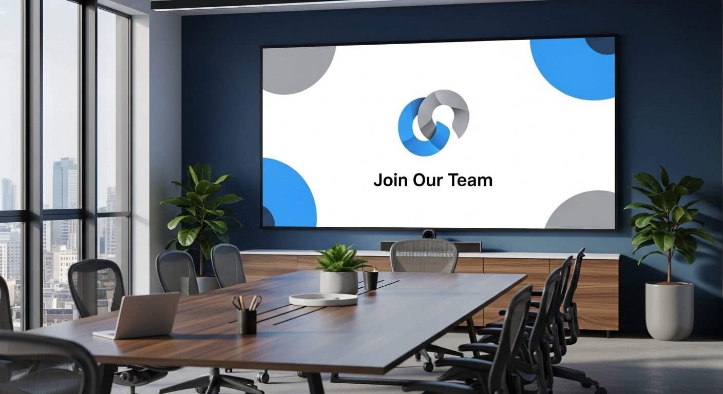 Văn phòng hiện đại, chuyên nghiệp với màn hình kỹ thuật số lớn hiển thị logo công ty và lời mời chào 'Join Our Team' từ nền tảng tuyển dụng, minh họa kết quả thành công của việc áp dụng hướng dẫn đăng tuyển dụng cho doanh nghiệp.