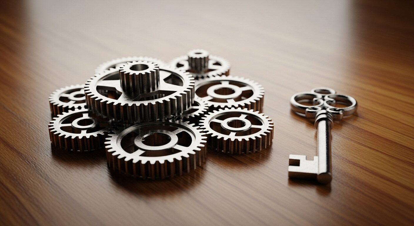 Close-up bánh răng kim loại phức tạp và chìa khóa trên nền gỗ, biểu tượng tìm kiếm hướng đi rõ ràng. Tìm hiểu về Dịch vụ tư vấn hướng nghiệp để giải mã con đường sự nghiệp của bạn.