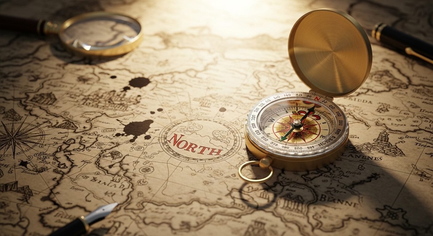 La bàn đồng cổ trên bản đồ cũ chỉ hướng chân trời sáng, tượng trưng cho hướng nghiệp và con đường tương lai rõ ràng.