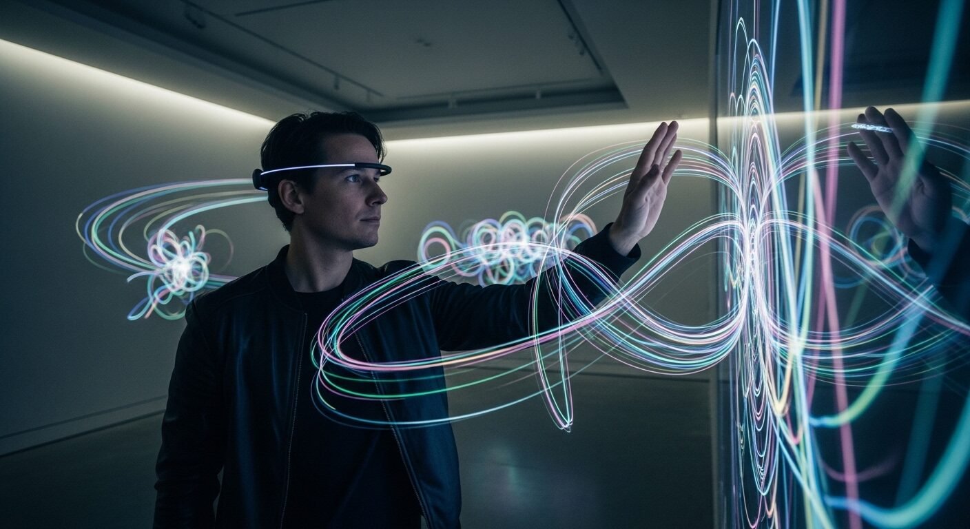 Một người đang tương tác với tác phẩm nghệ thuật số tương lai bằng kính AR trong không gian tối giản, tạo hiệu ứng holographic sống động, gợi mở định hướng nghề nghiệp ngành nghệ thuật hiện đại.