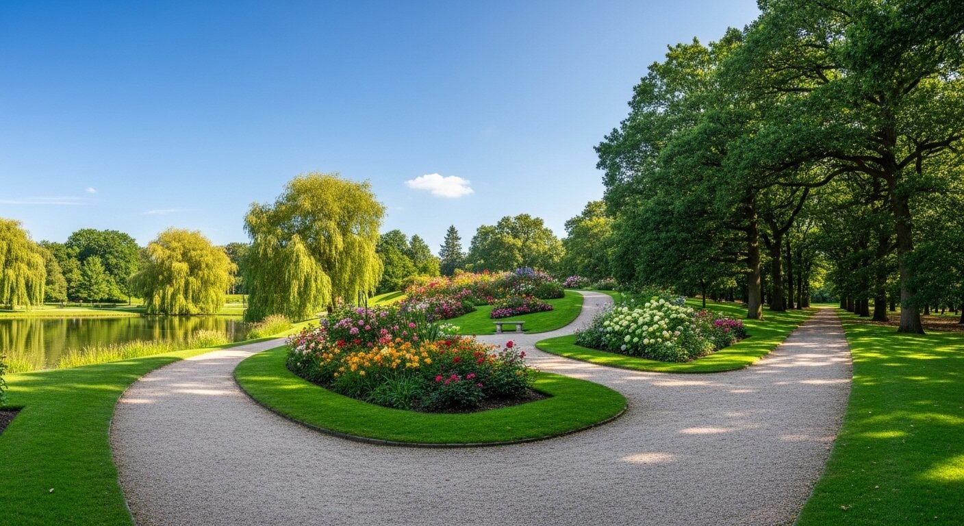 Con đường sỏi uốn lượn trong công viên xanh chia ba ngả, tượng trưng cho các lựa chọn nghề nghiệp cần các công cụ chọn nghề để định hướng đúng đắn.