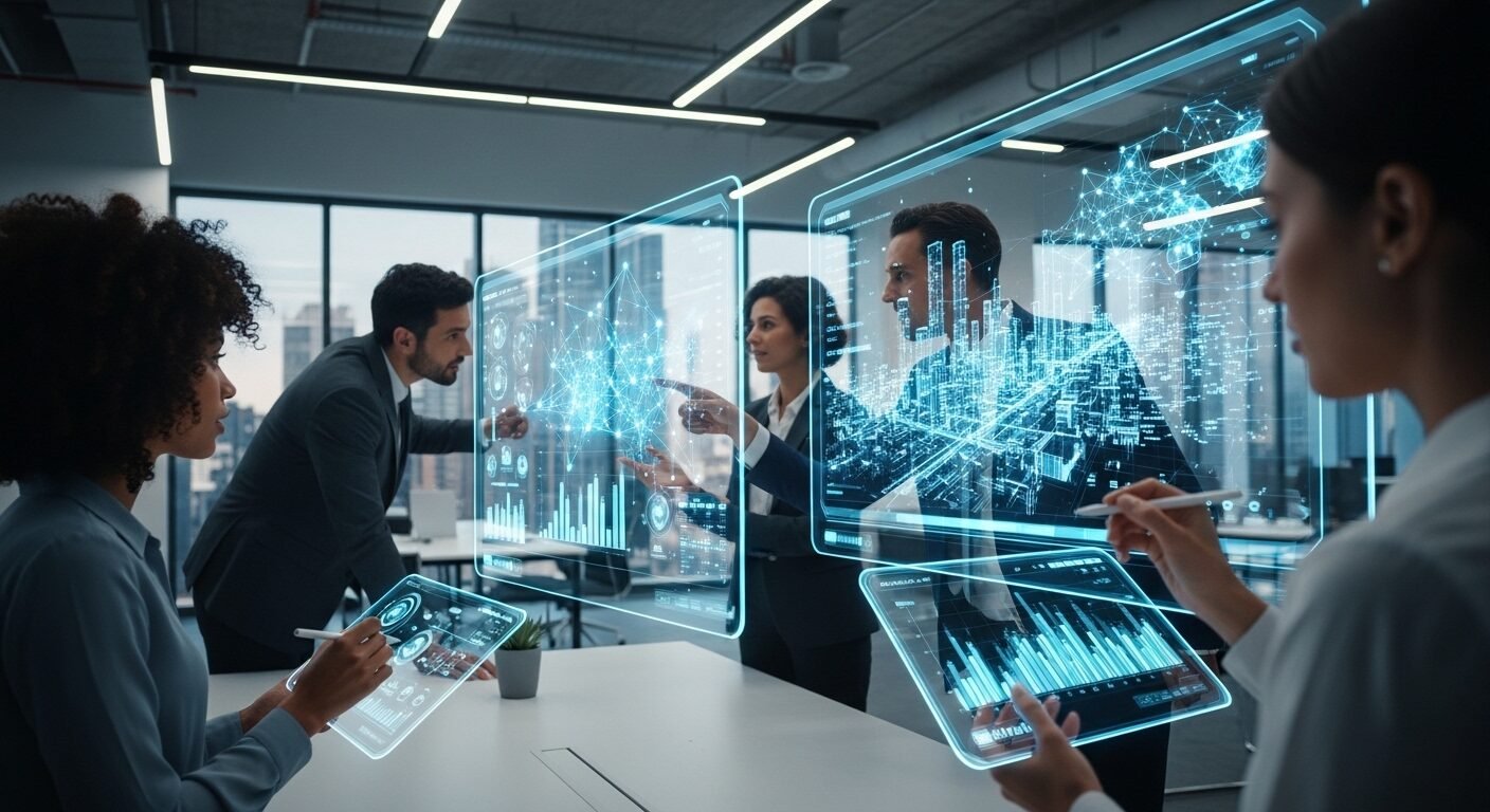 Nhóm chuyên gia đa dạng hợp tác làm việc trên màn hình kỹ thuật số lớn hiển thị dữ liệu phức tạp trong môi trường việc làm hiện đại, ứng dụng công nghệ.