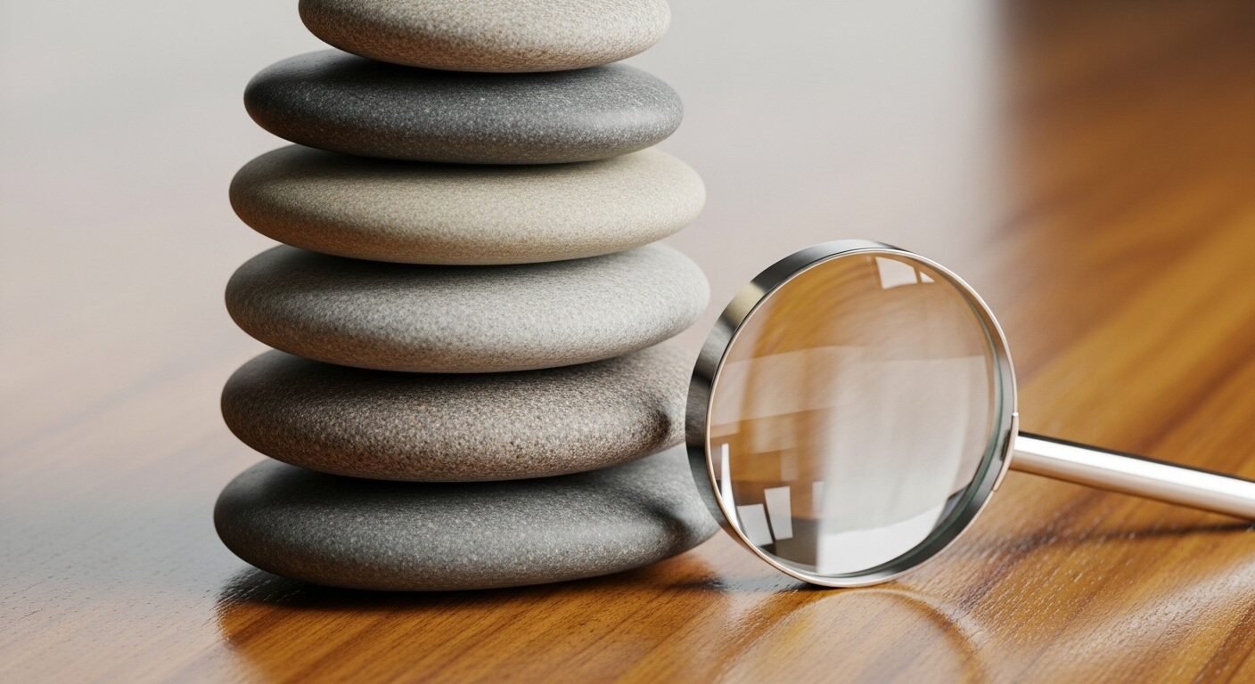 Chồng đá đa dạng, vững chắc trên bề mặt gỗ bóng, kèm kính lúp giúp soi chiếu các lựa chọn hướng nghiệp. Chồng đá đa dạng, vững chắc trên bề mặt gỗ bóng, kèm kính lúp giúp soi chiếu các lựa chọn hướng nghiệp.