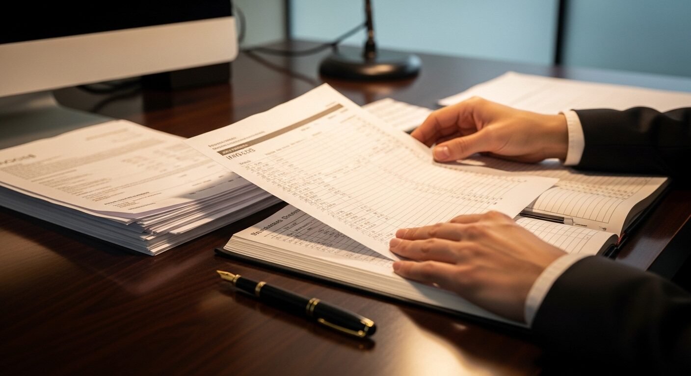 Tay chuyên viên kế toán thuế đang tỉ mỉ rà soát hóa đơn và sổ sách trên bàn gỗ.