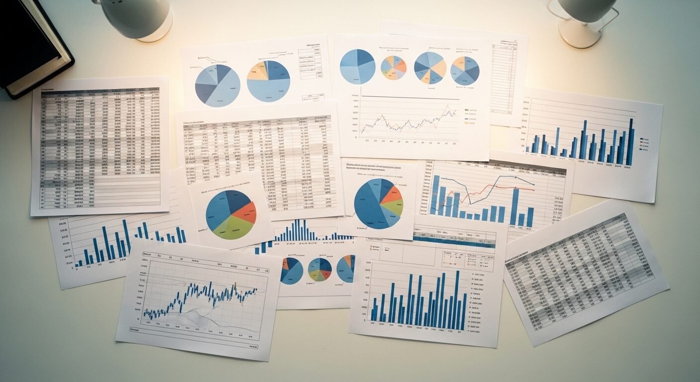 Góc nhìn từ trên cao bàn làm việc với các biểu đồ, bảng tính tài chính được sắp xếp khoa học, liên kết chặt chẽ, thể hiện quy trình của một hệ thống kế toán tổng hợp chuyên nghiệp.