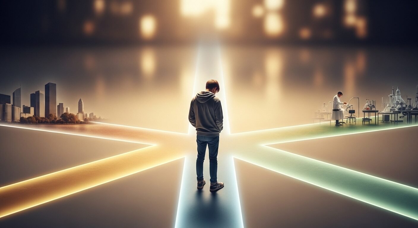 Học sinh từ phía sau đứng ở giao lộ của nhiều con đường phát sáng, suy ngẫm về các lựa chọn nghề nghiệp tương lai trong bối cảnh thị trường giáo dục. Học sinh từ phía sau đứng ở giao lộ của nhiều con đường phát sáng, suy ngẫm về các lựa chọn nghề nghiệp tương lai trong bối cảnh thị trường giáo dục.